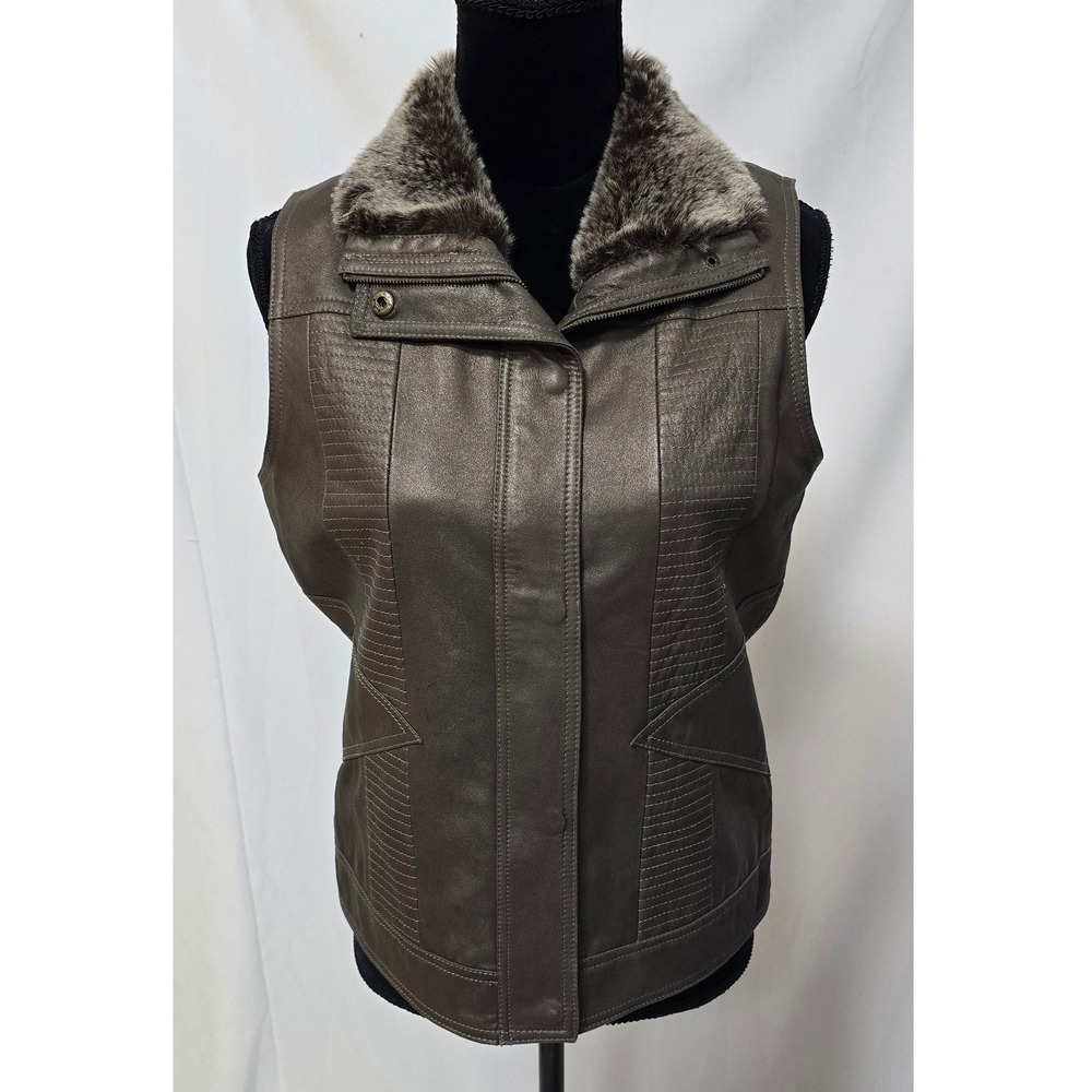 Vtg Y2K In Suede women S brown leather vest w/faux fur neck zipper closer